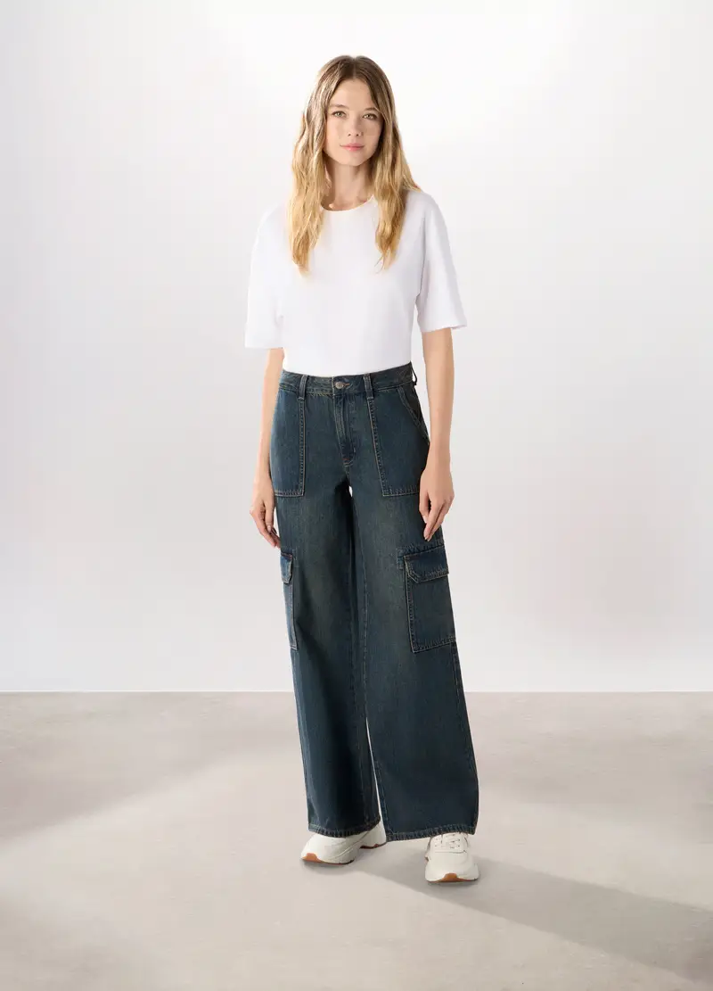 Pantaloni Cargo Wide Leg In Denim Di Puro Cotone Donna, Blu scuro