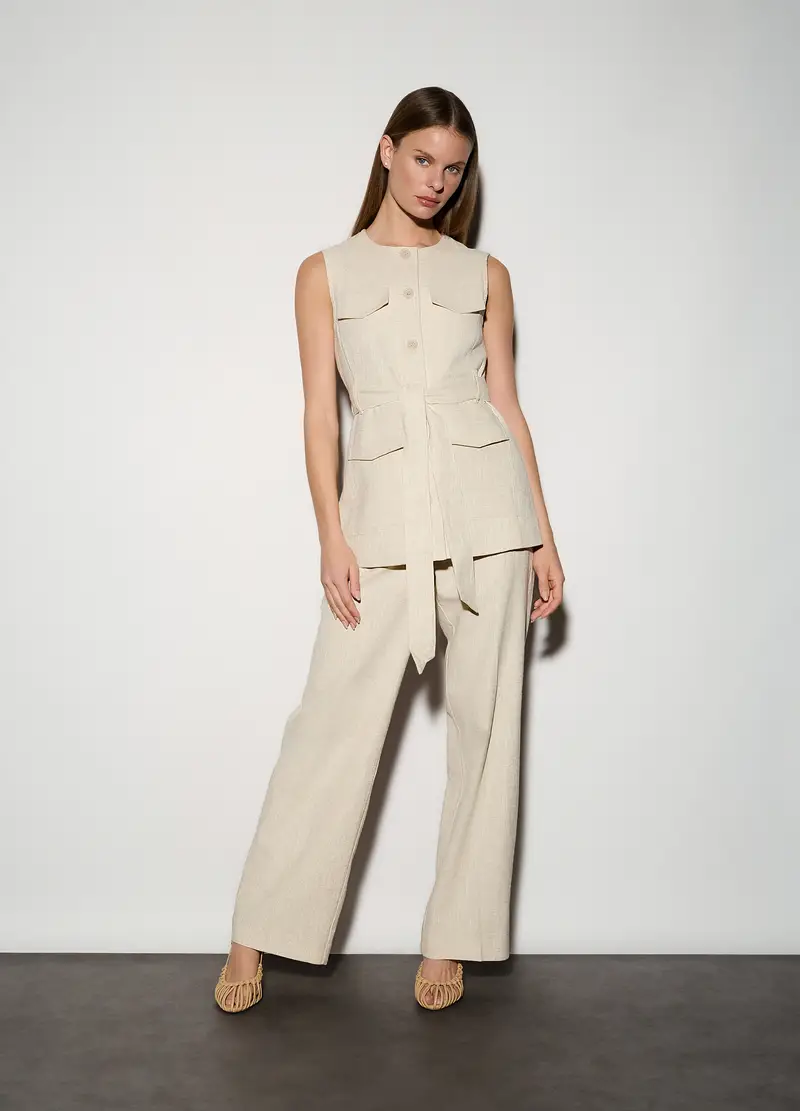 Pantaloni Chino Regular Fit Misto Lino Donna, Unisex, Beige chiaro