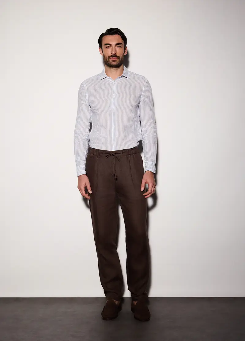 Pantaloni Chino Relaxed Fit In Lino Uomo, Marrone cioccolato