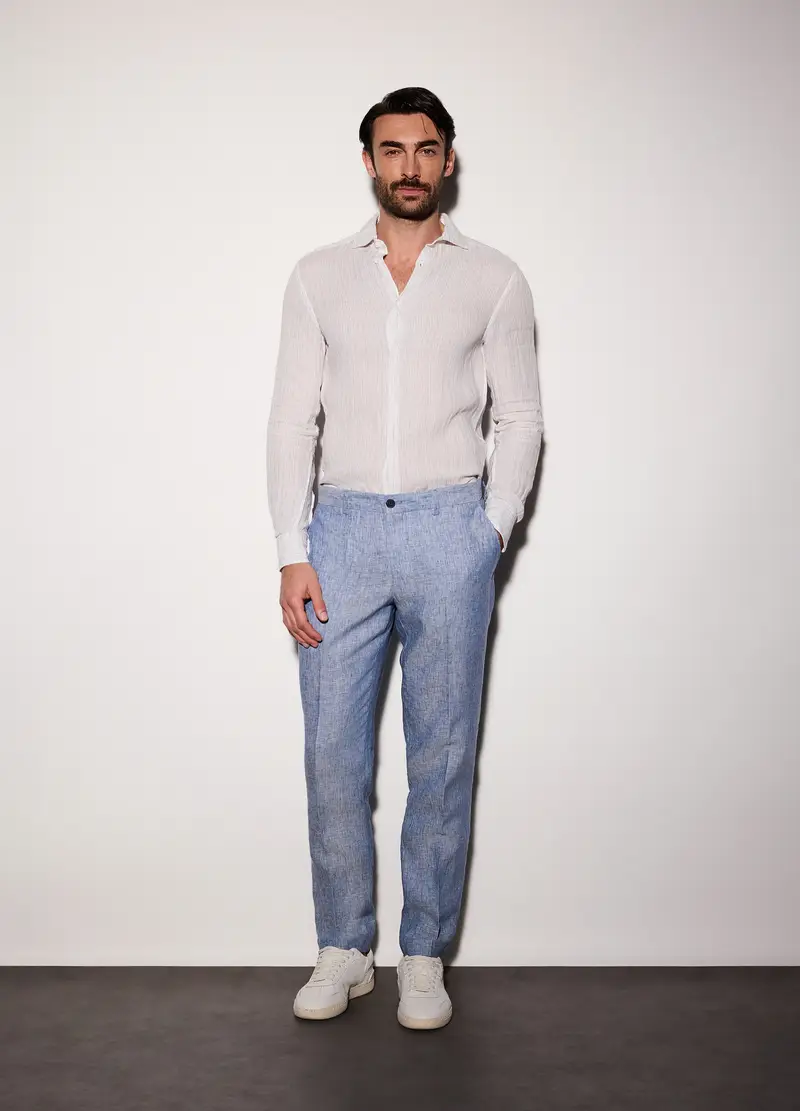 Pantaloni Chino Slim Fit In Lino Uomo, Azzurro scuro