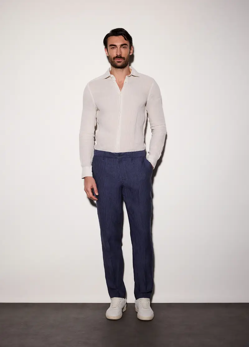 Pantaloni Chino Slim Fit In Lino Uomo, Blu denim