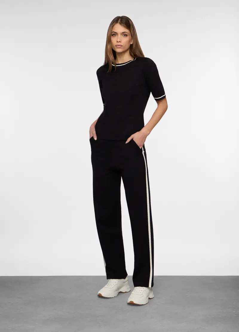 Pantaloni Confort Fit In Punto Milano Stretch Donna, Nero/Bianco