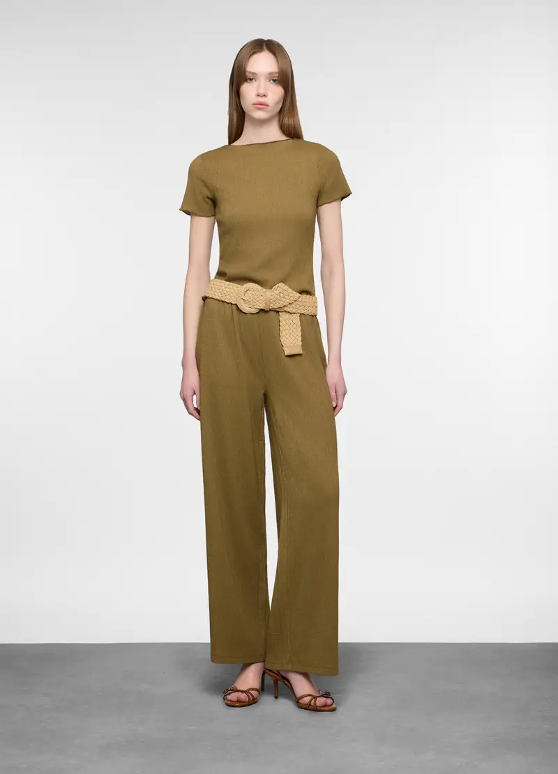 Pantaloni Crepe Misto Viscosa Comfort Fit Donna, Verde oliva