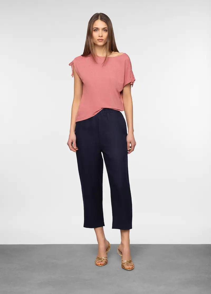 Pantaloni Cropped Regular Fit In Puro Lino Donna, Blu navy