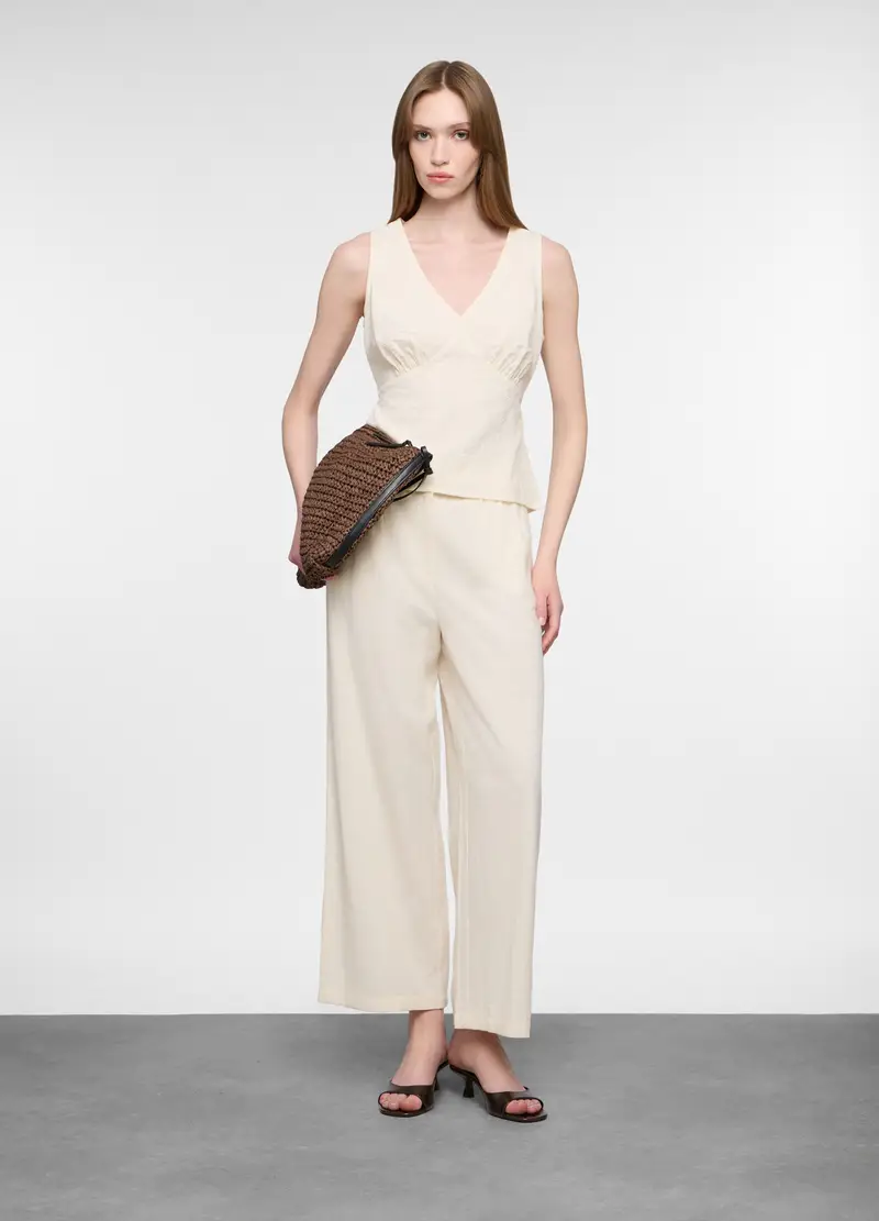 Pantaloni Culotte Misto Cotone Donna, Bianco avorio