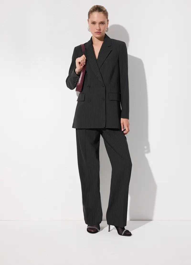 Pantaloni Dritti In Gessato Di Misto Viscosa Stretch Donna, Unisex, Grigio scuro melange