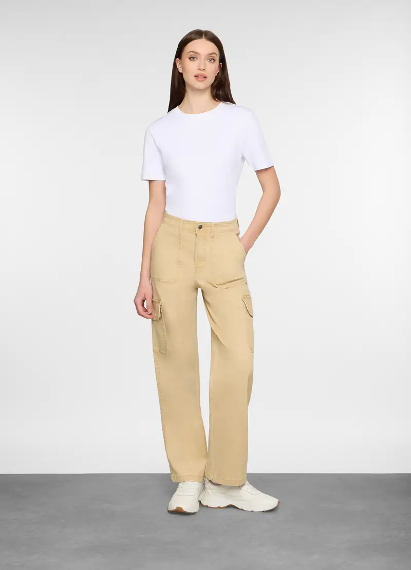 Pantaloni Fit Cargo In Cotone Trattato Donna, Beige chiaro
