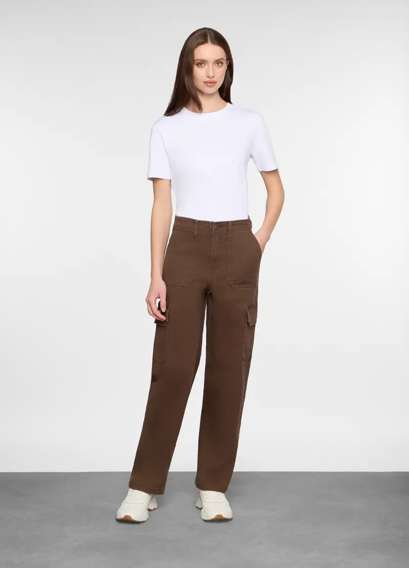Pantaloni Fit Cargo In Cotone Trattato Donna, Marrone cioccolato