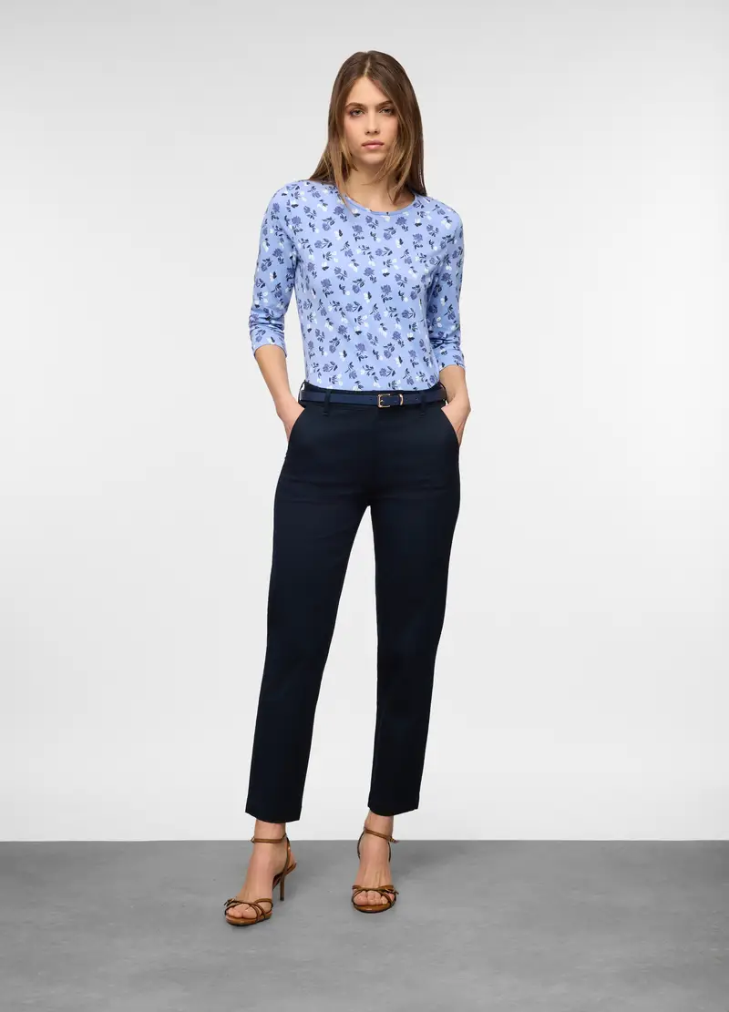 Pantaloni Fit Regular In Twill Di Cotone Stretch Donna, Blu navy