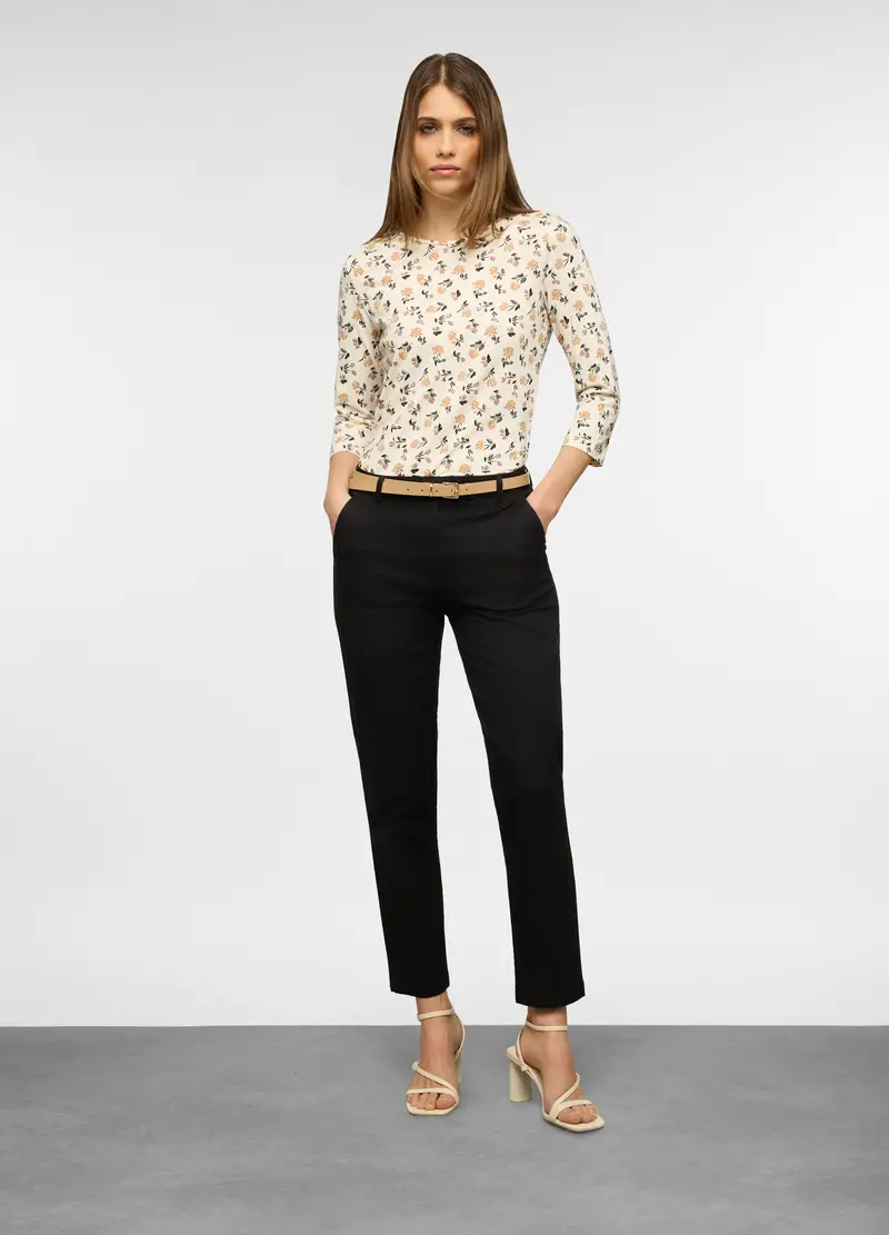 Pantaloni Fit Regular In Twill Di Cotone Stretch Donna, Nero