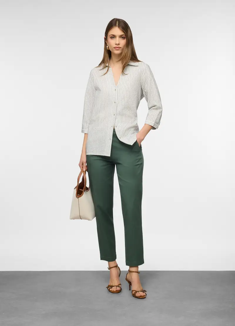 Pantaloni Fit Regular In Twill Di Cotone Stretch Donna, Verde foglia