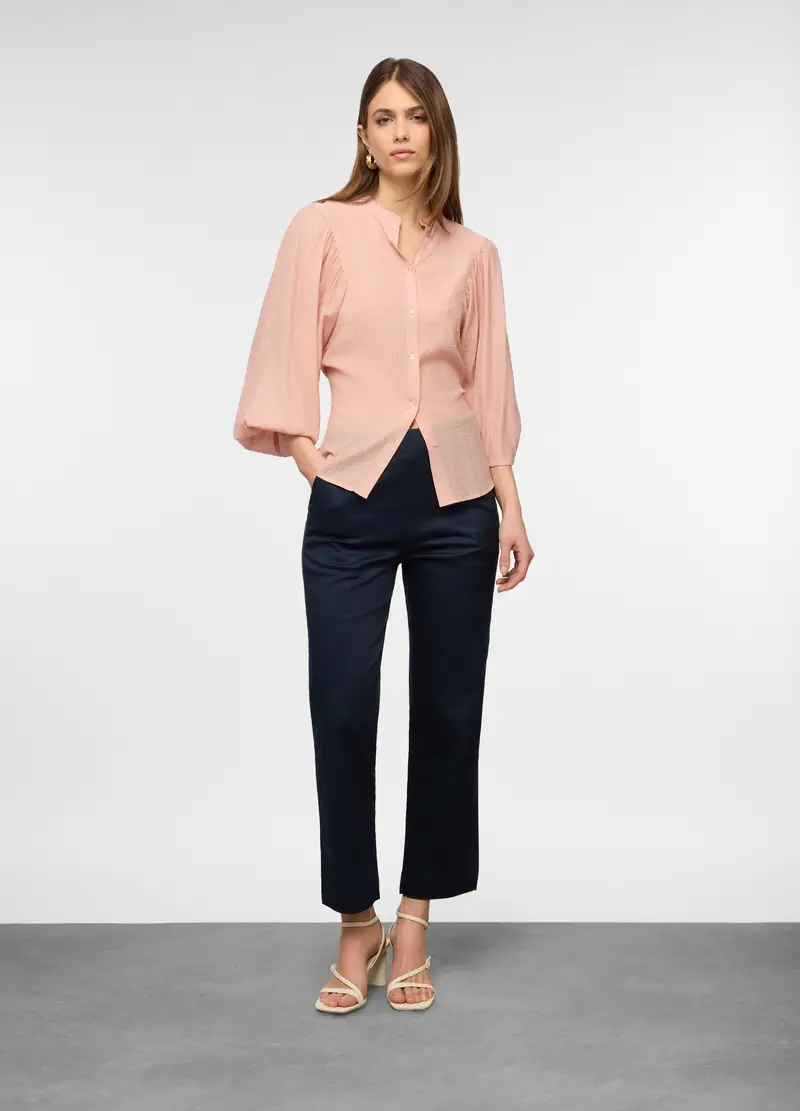 Pantaloni Fit Slim In Satin Di Cotone Stretch Donna, Blu navy