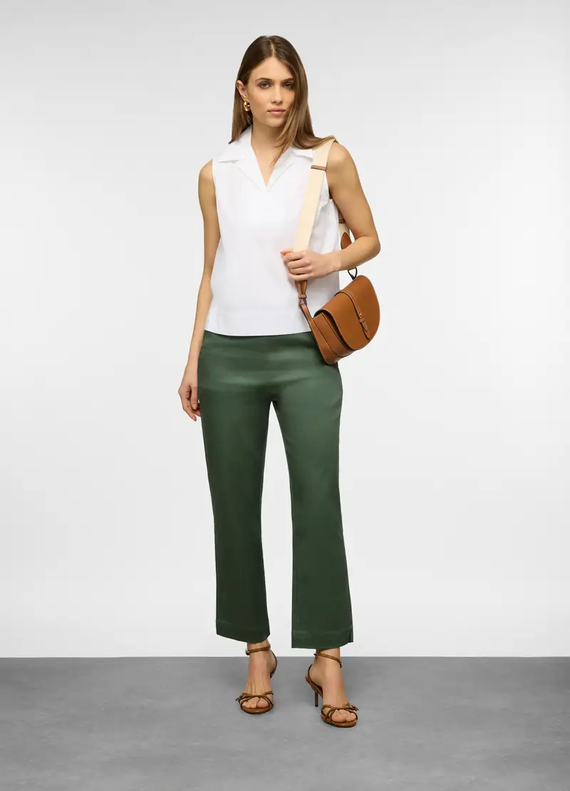 Pantaloni Fit Slim In Satin Di Cotone Stretch Donna, Verde foglia