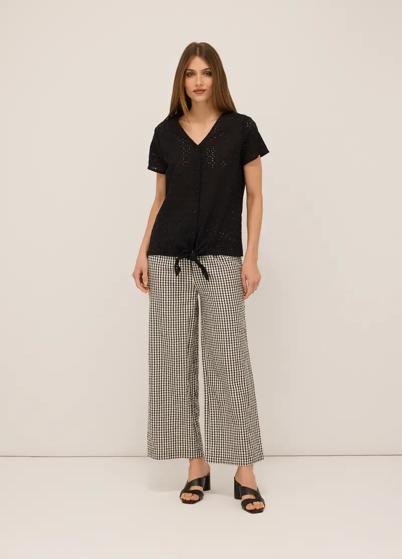 Pantaloni In Cotone Seersucker Donna, Bianco/Nero