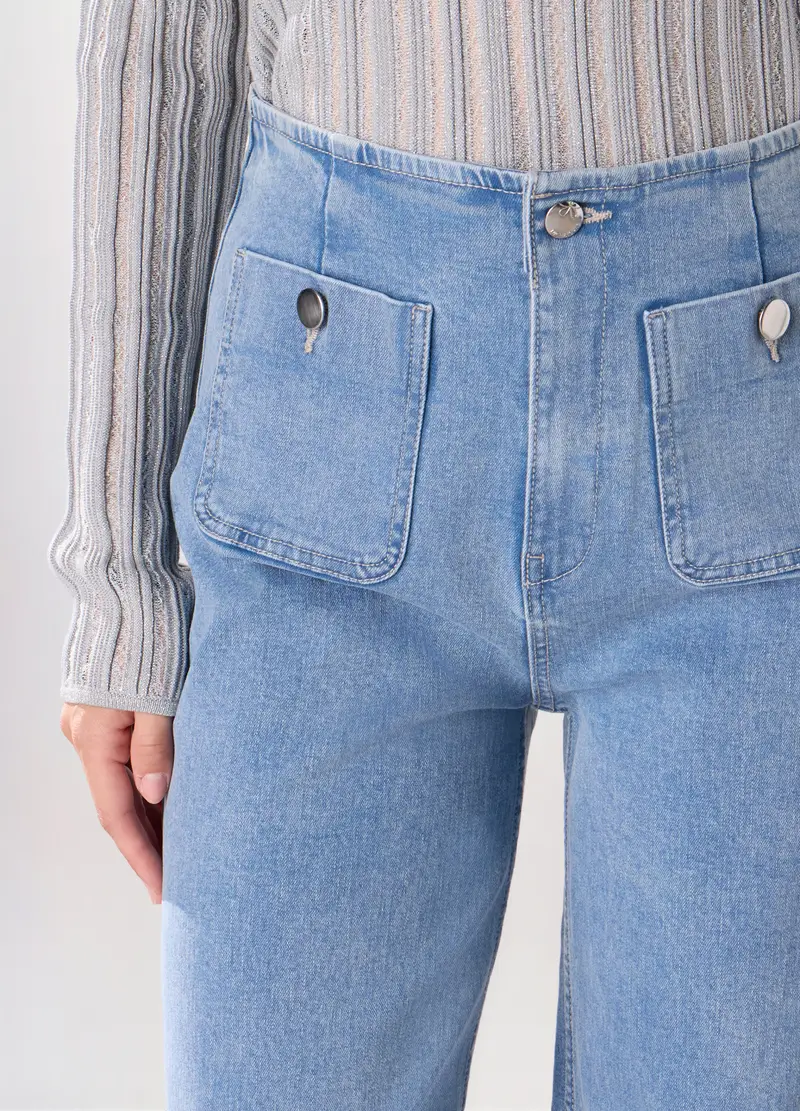 Pantaloni In Denim Di Cotone Stretch Donna, Azzurro chiaro miniatura 3