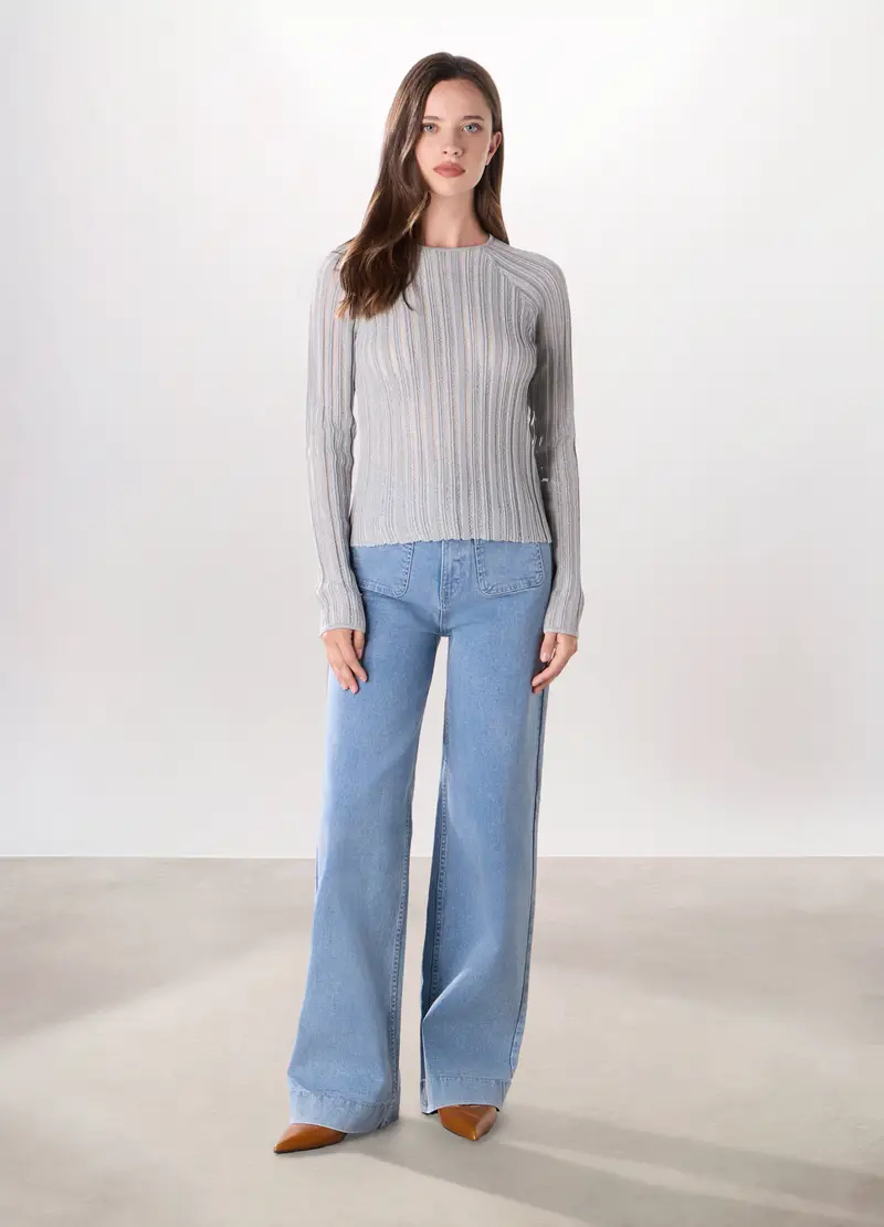 Pantaloni In Denim Di Cotone Stretch Donna, Azzurro chiaro