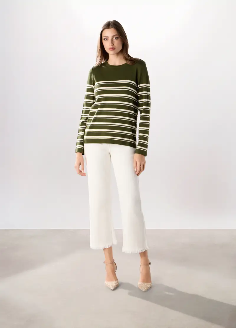 Pantaloni In Denim Di Cotone Stretch Donna, Bianco gesso