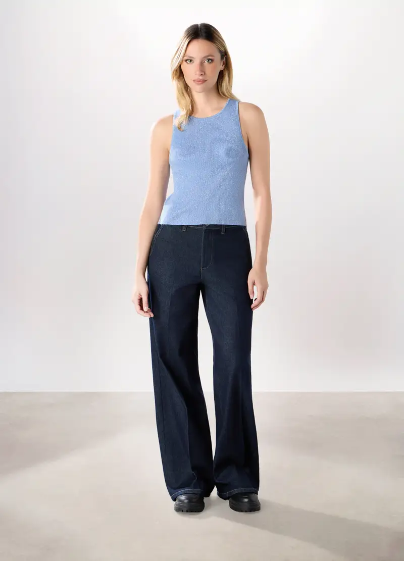 Pantaloni In Denim Di Cotone Stretch Donna, Blu scuro