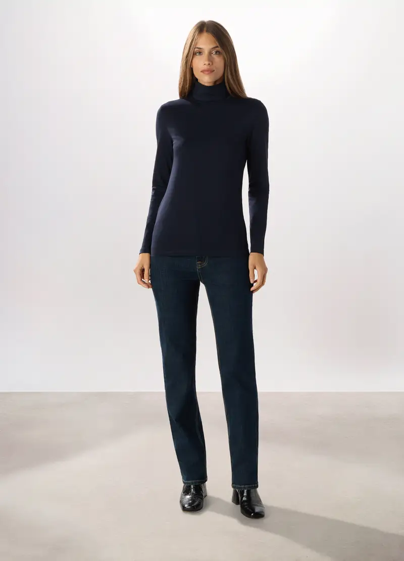 Pantaloni In Denim Di Cotone Stretch Donna, Blu scuro