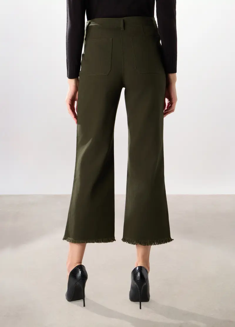 Pantaloni In Denim Di Cotone Stretch Donna, Verde oliva miniatura 2