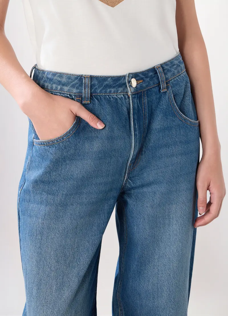 Pantaloni In Denim Di Puro Cotone Donna, Blu denim miniatura 3