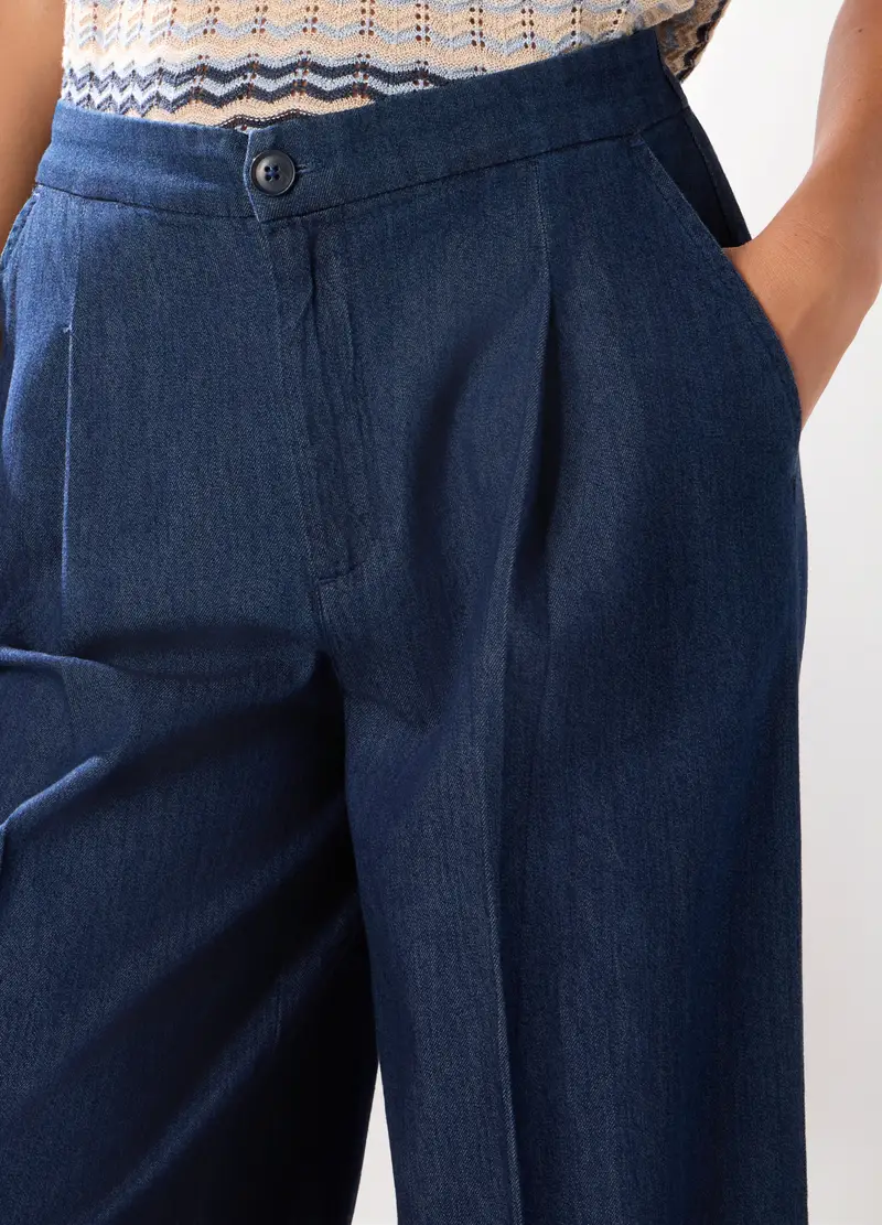Pantaloni In Denim Di Puro Cotone Donna, Blu scuro miniatura 3