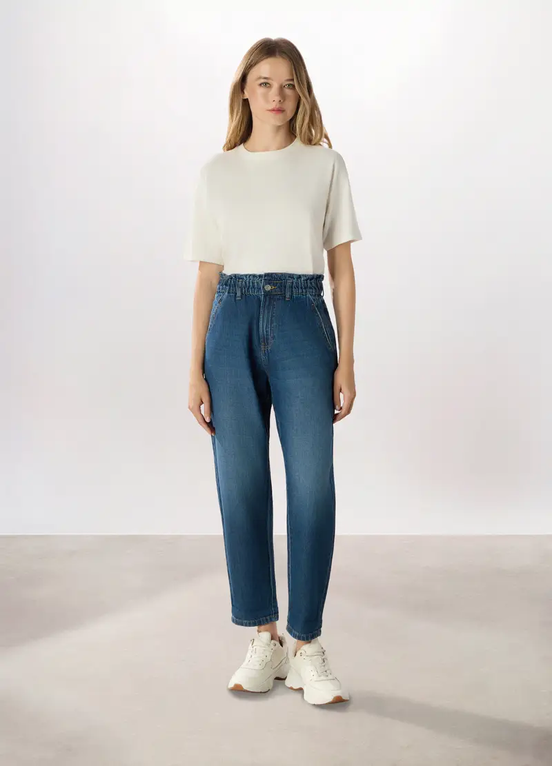 Pantaloni In Denim Di Puro Cotone Donna, Blu scuro
