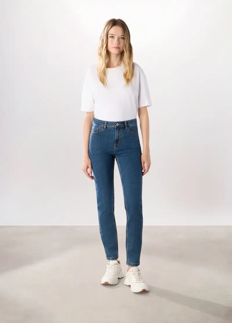 Pantaloni In Denim Misto Cotone Donna, Blu denim