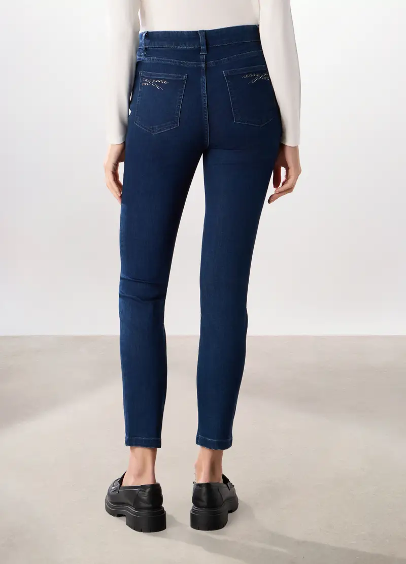 Pantaloni In Denim Misto Cotone Donna, Blu scuro miniatura 2