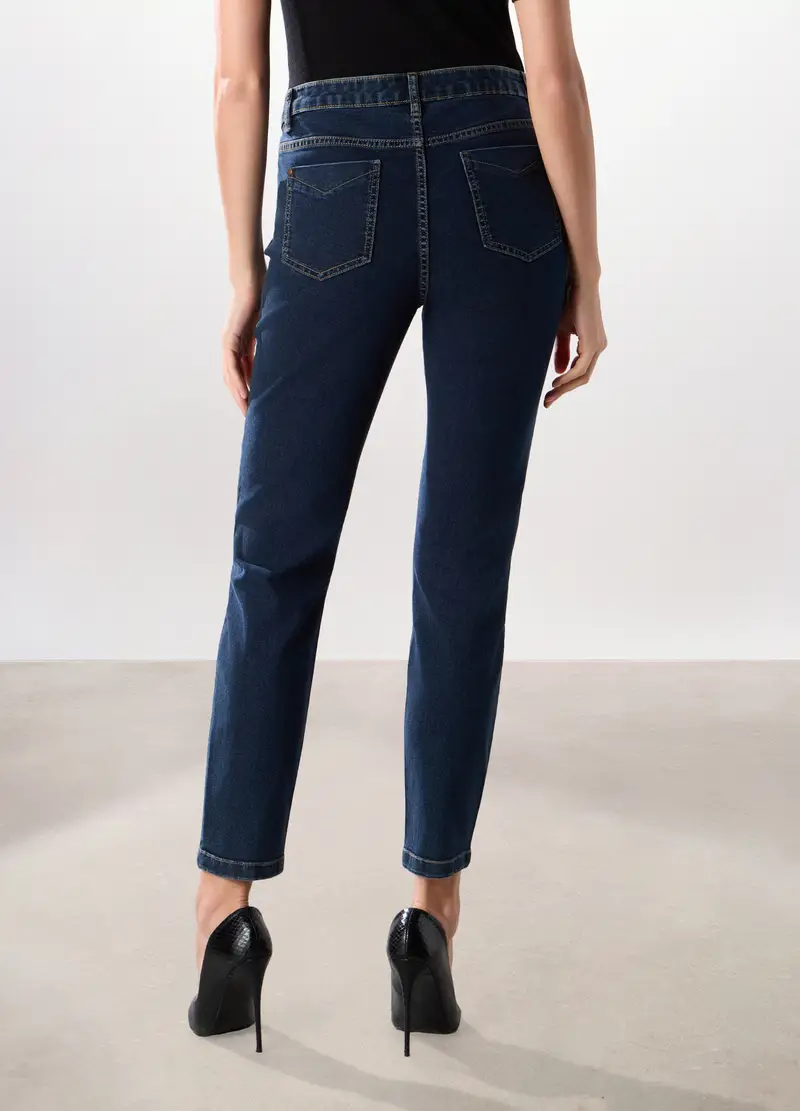 Pantaloni In Denim Misto Cotone Donna, Blu scuro miniatura 2