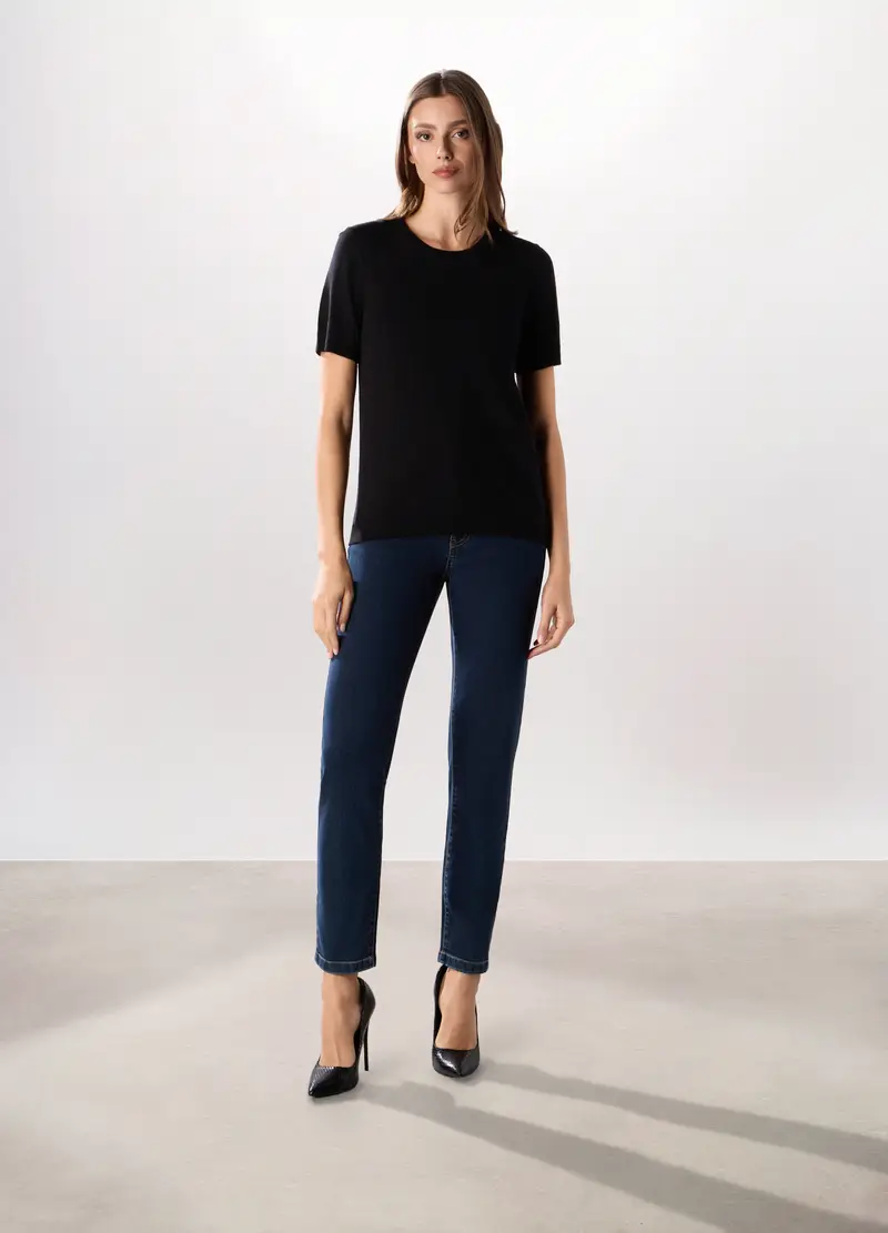 Pantaloni In Denim Misto Cotone Donna, Blu scuro