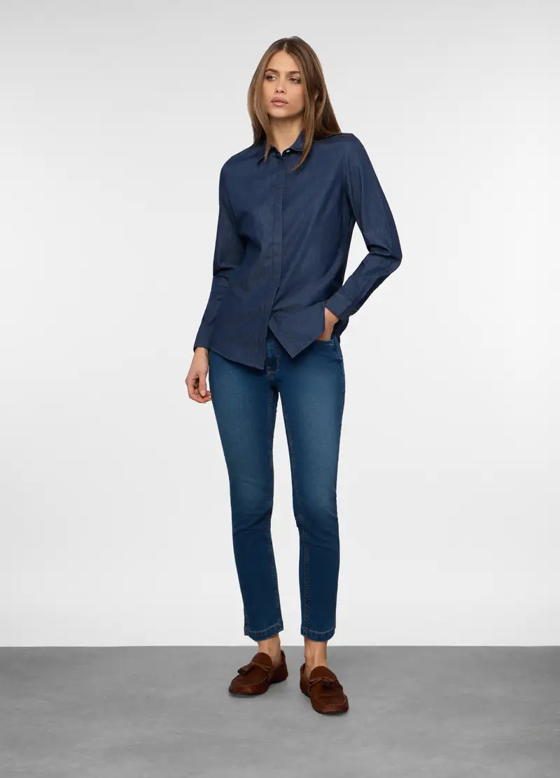 Pantaloni In Denim Misto Cotone Donna, Blu scuro