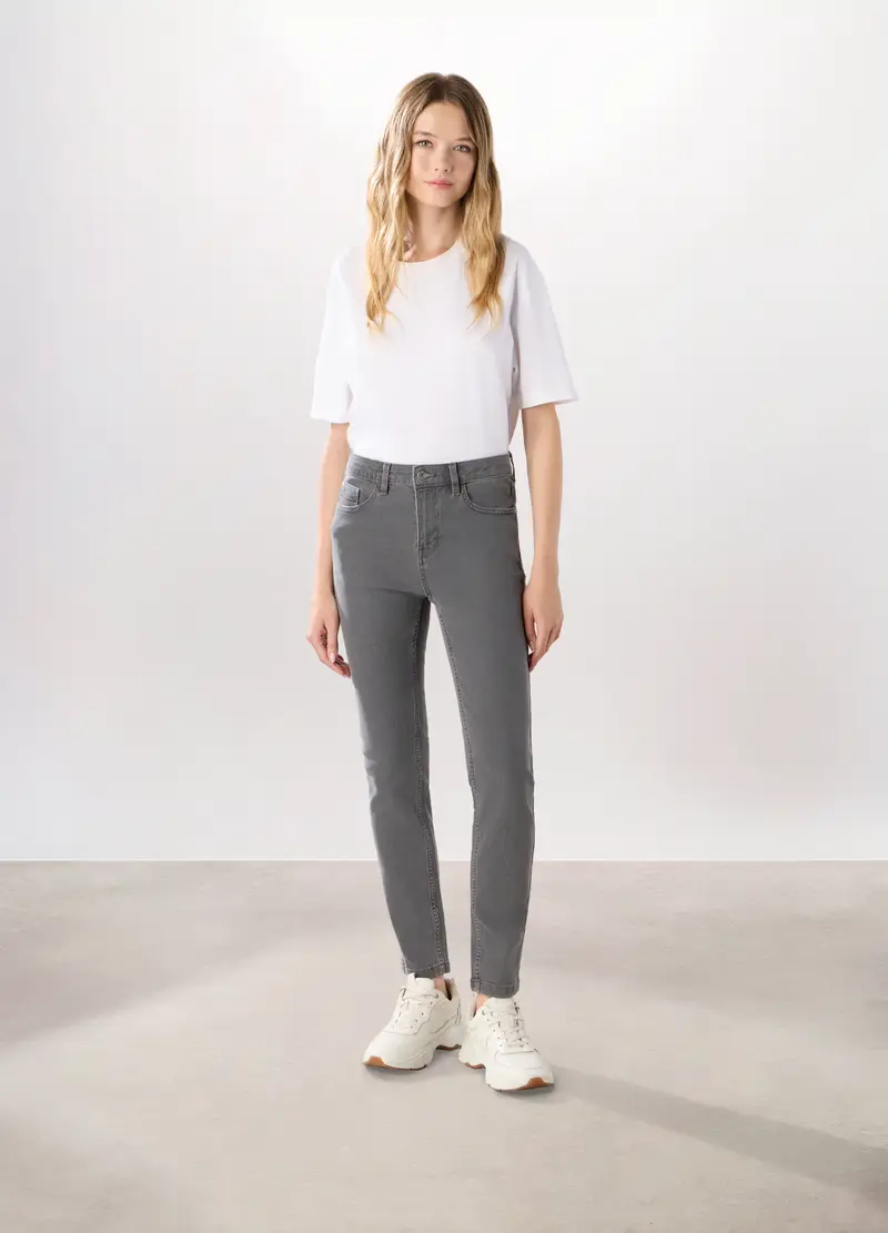 Pantaloni In Denim Misto Cotone Donna, Grigio chiaro