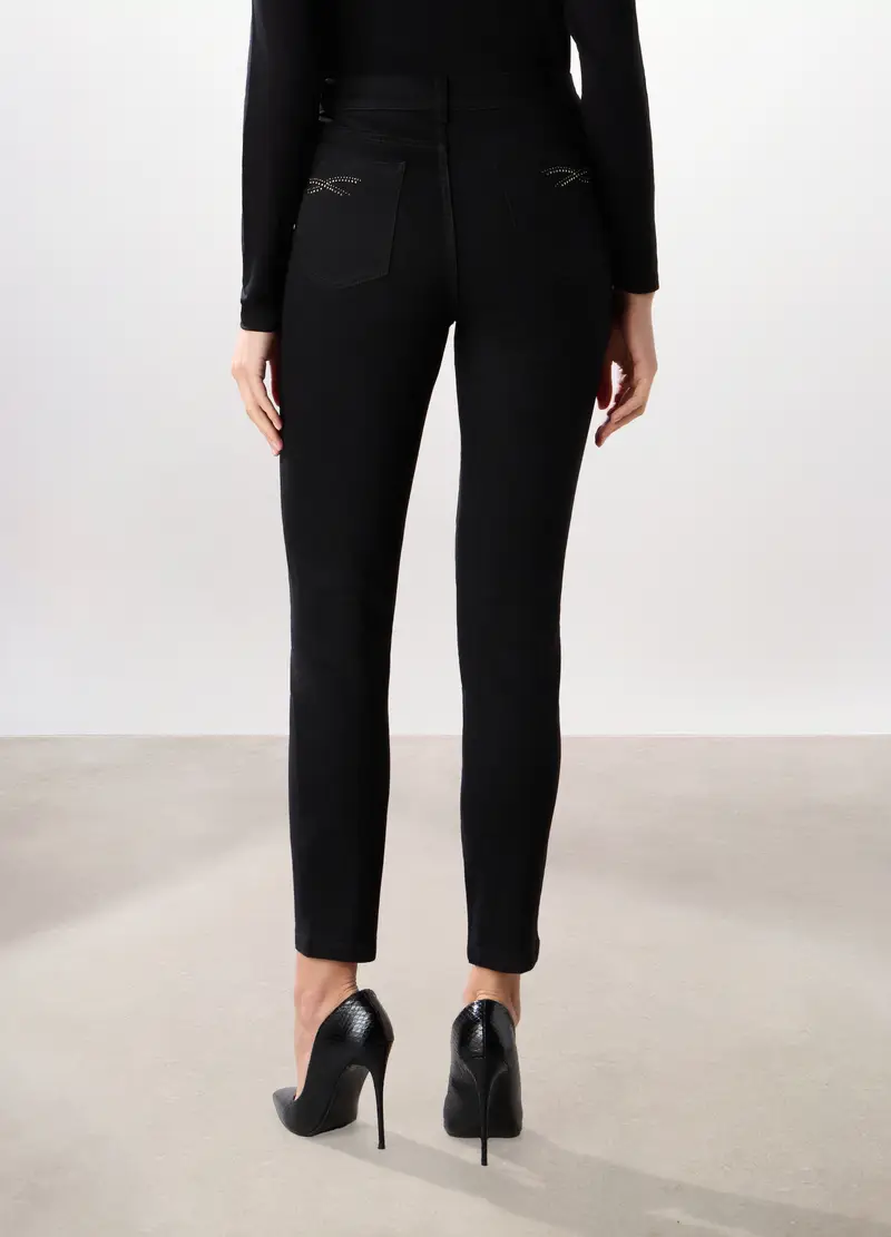 Pantaloni In Denim Misto Cotone Donna, Nero miniatura 2