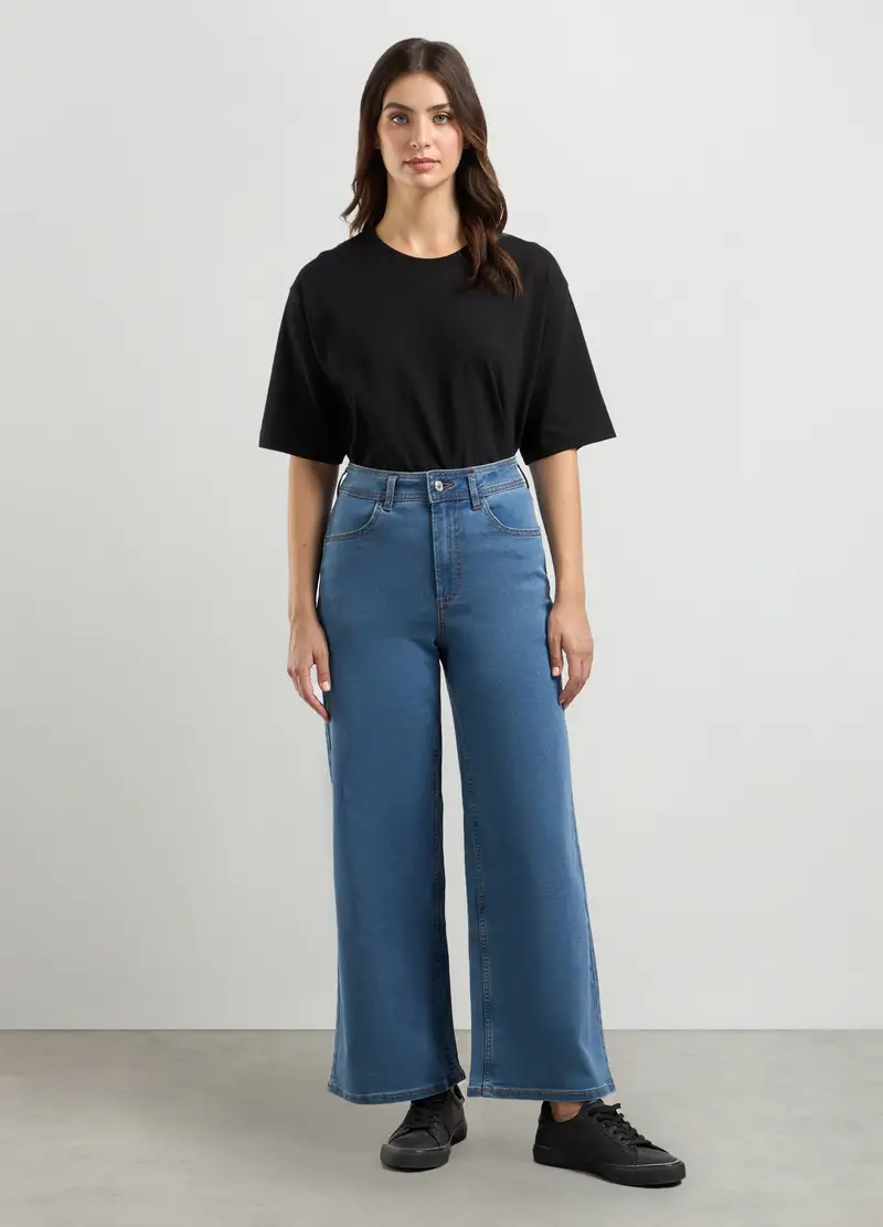 Pantaloni In Denim Wide Leg Donna, Blu denim