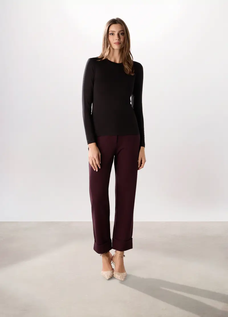 Pantaloni In Punto Milano Di Misto Viscosa Stretch Donna, Rosso scuro