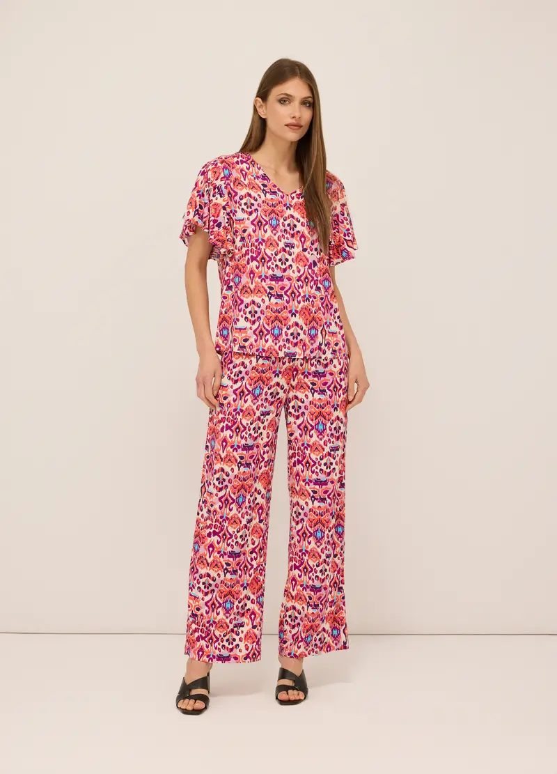 Pantaloni In Pura Viscosa Con Stampa Donna, Beige chiaro