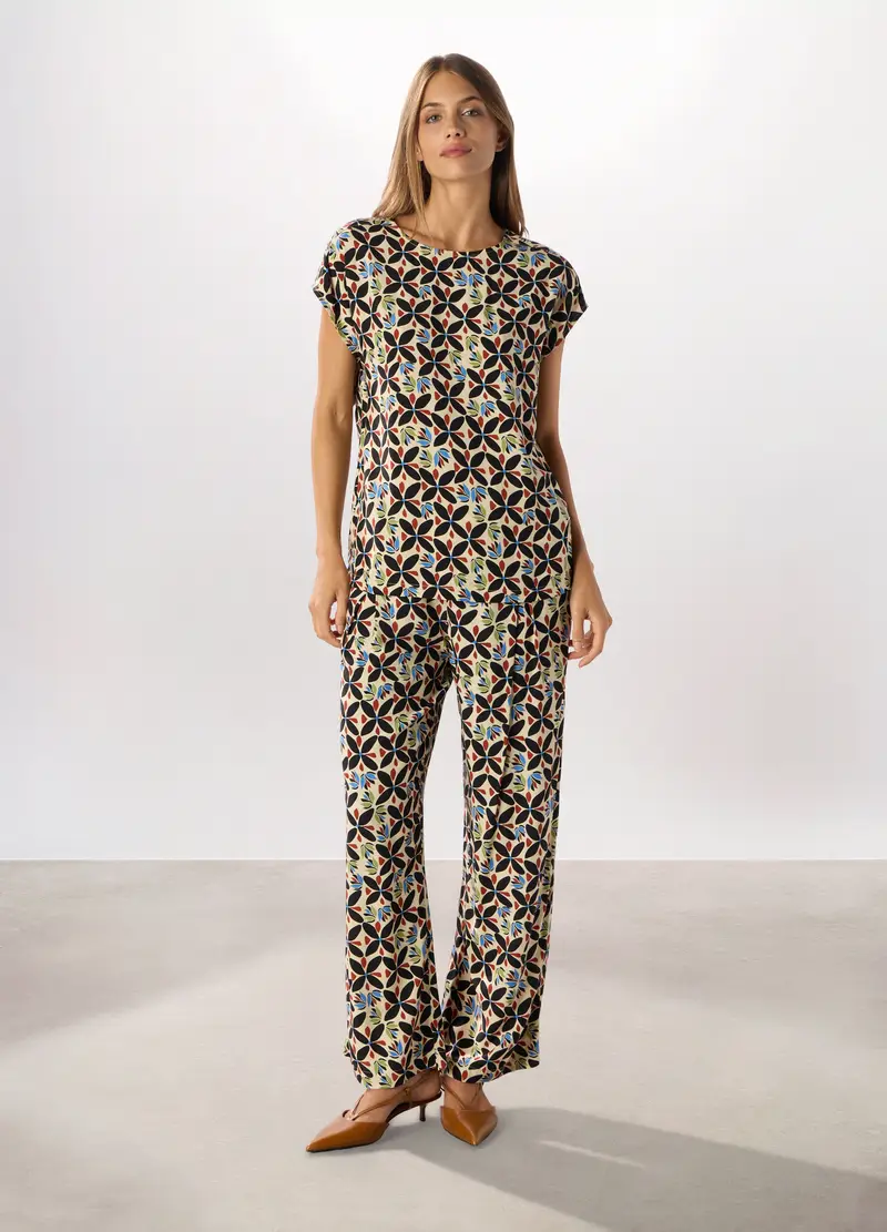 Pantaloni In Pura Viscosa Donna, Nero stampa 1