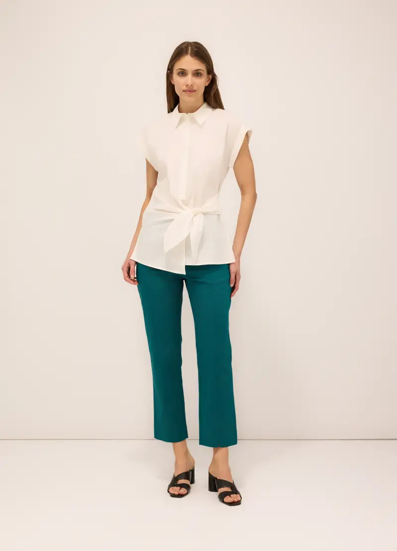 Pantaloni In Raso Di Cotone Stretch Donna, Verde ottanio