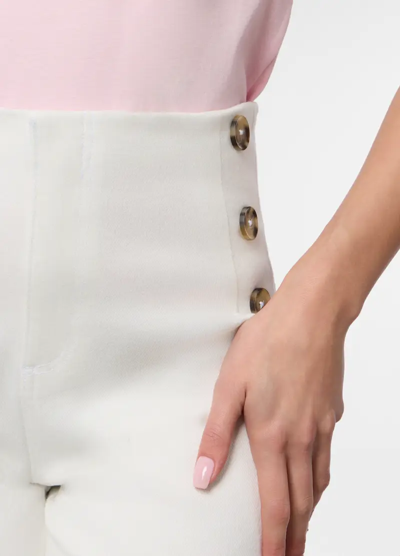 Pantaloni In Twill Di Cotone Stretch Donna, Bianco panna miniatura 3