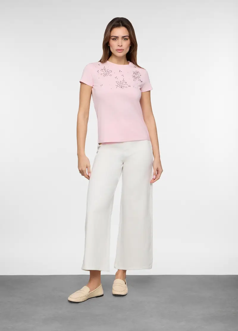 Pantaloni In Twill Di Cotone Stretch Donna, Bianco panna