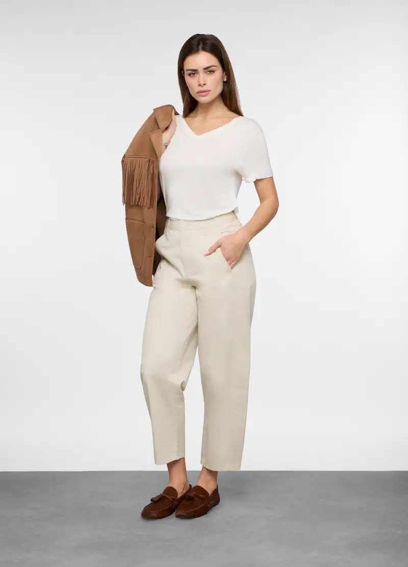 Pantaloni In Twill Di Puro Cotone Donna, Bianco panna