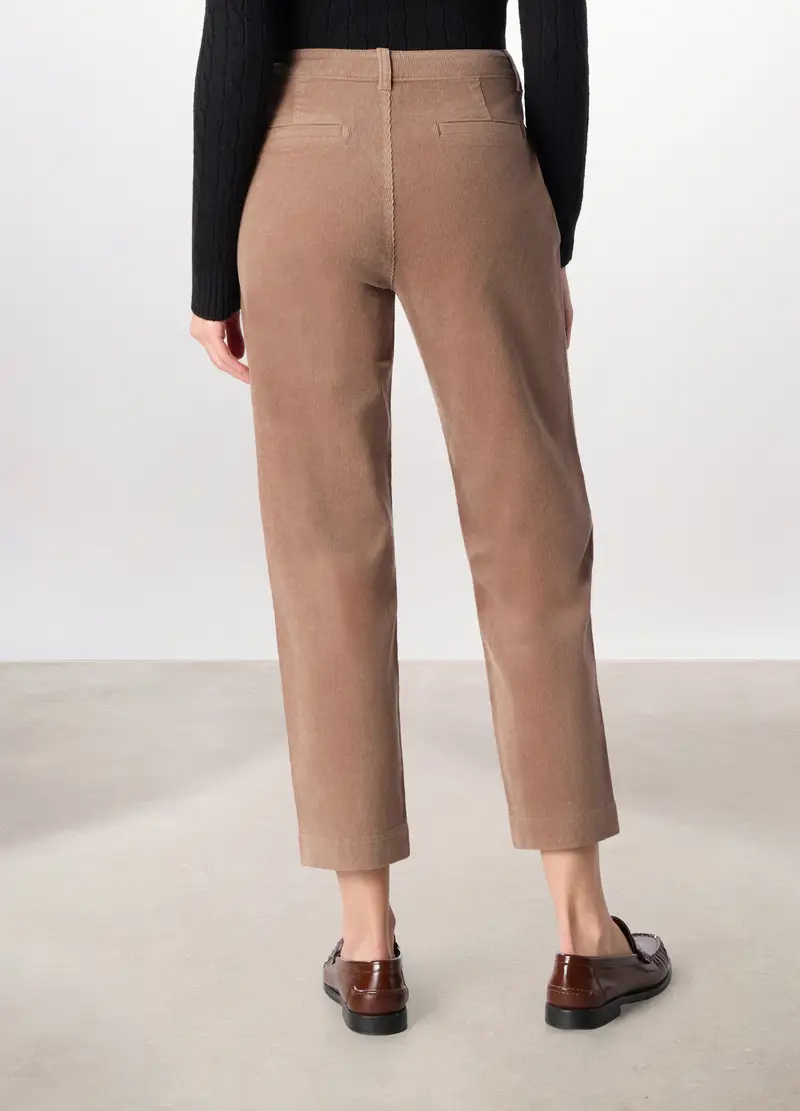 Pantaloni In Velluto A Coste Di Cotone Stretch Donna, Beige scuro miniatura 2