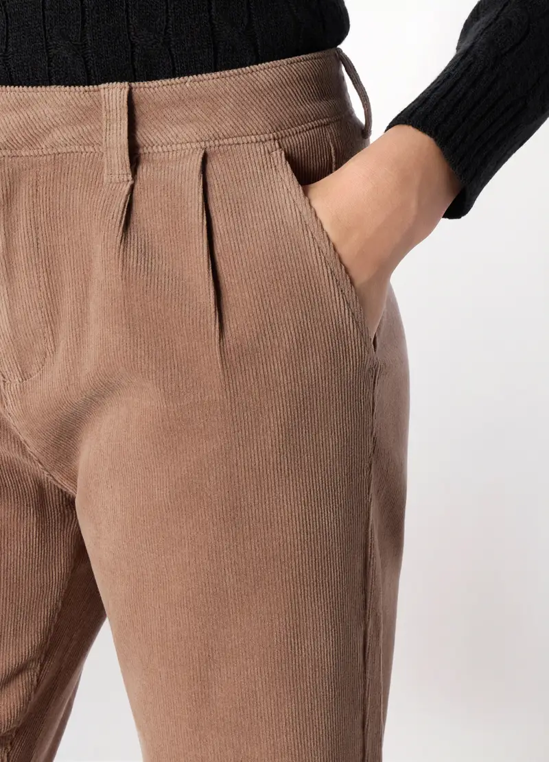 Pantaloni In Velluto A Coste Di Cotone Stretch Donna, Beige scuro miniatura 3