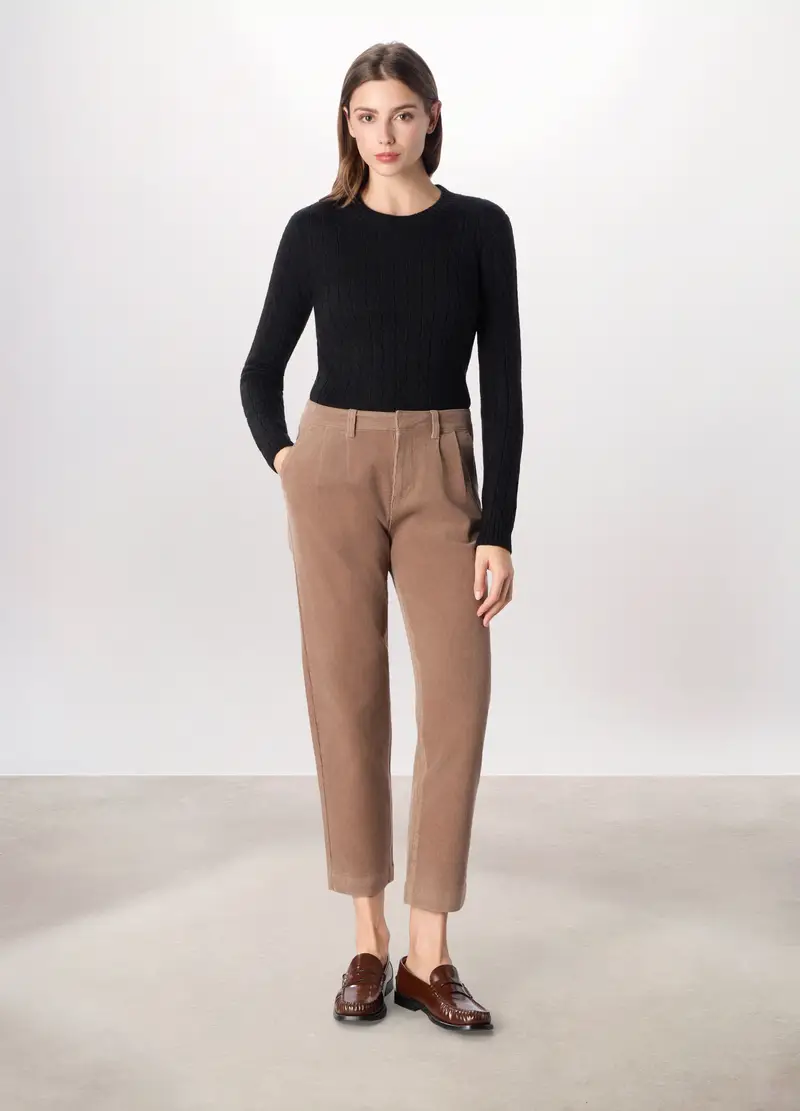 Pantaloni In Velluto A Coste Di Cotone Stretch Donna, Beige scuro