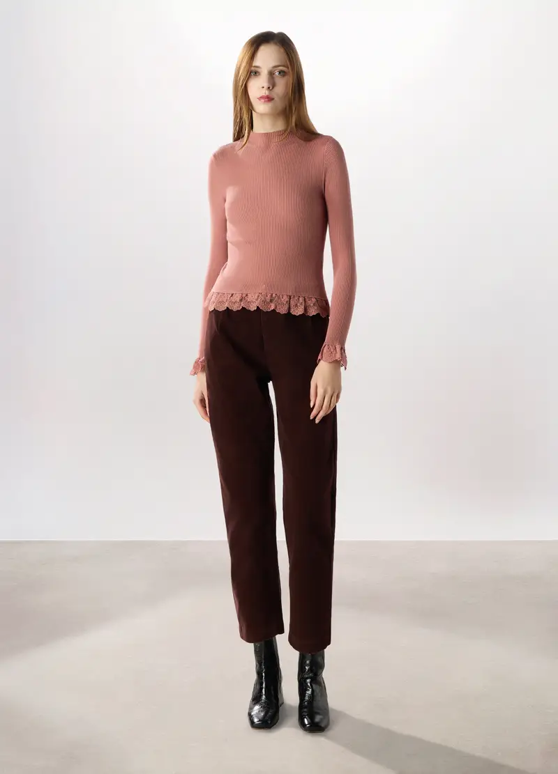 Pantaloni In Velluto A Coste Di Cotone Stretch Donna, Marrone cioccolato