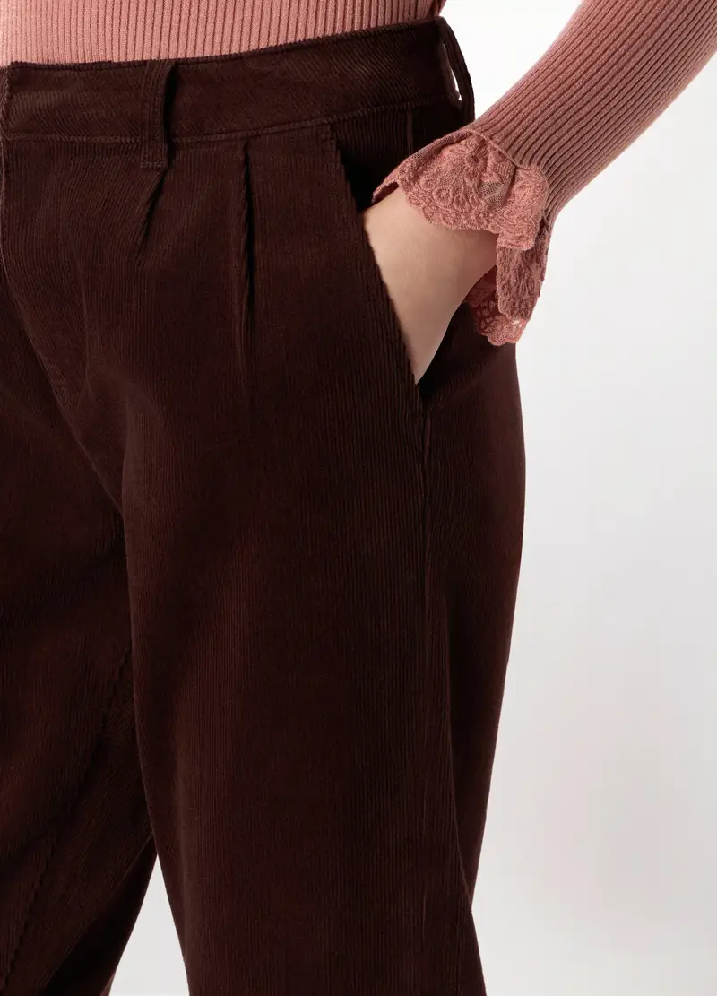 Pantaloni In Velluto A Coste Di Cotone Stretch Donna, Marrone cioccolato miniatura 3