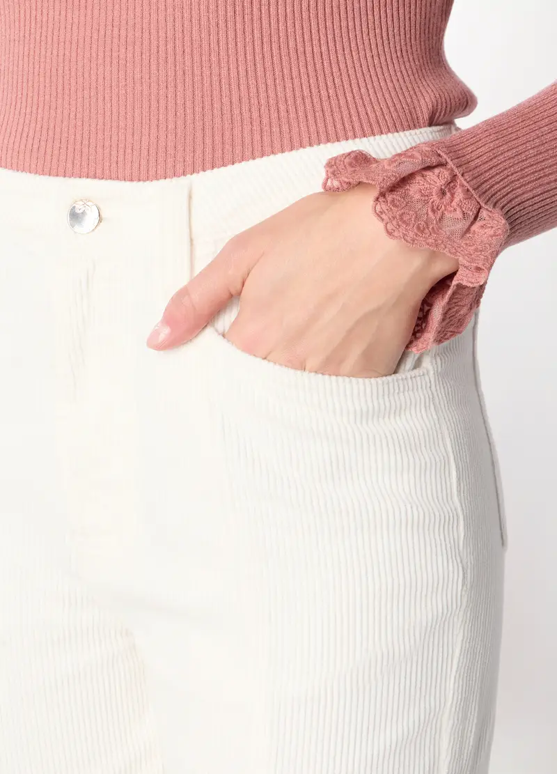 Pantaloni In Velluto A Coste Donna, Bianco gesso miniatura 3