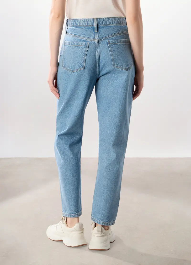 Pantaloni Mom Fit In Denim Di Puro Cotone Donna, Blu chiaro miniatura 2