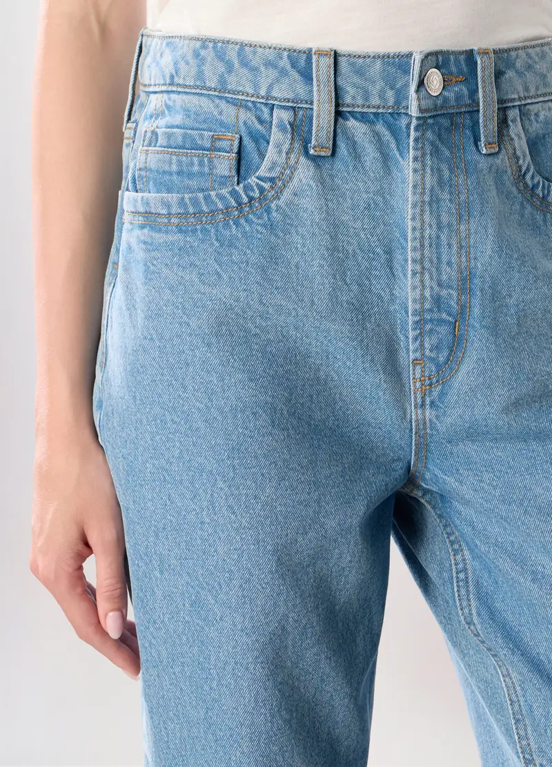 Pantaloni Mom Fit In Denim Di Puro Cotone Donna, Blu chiaro miniatura 3
